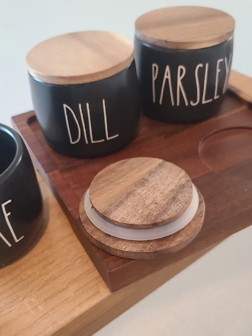 Rae Dunn Black Ceramic Herb Jars with Wood Lids